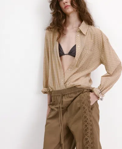 Mango Embroidered Side Stripe Cotton Drawstring Pants In Brown