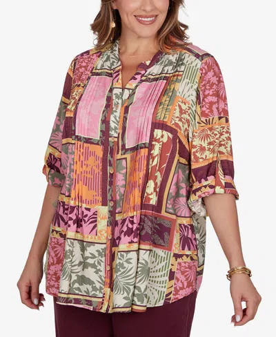 Ruby Rd. Plus Size Tropical Patchwork Voile Button Front Top In Multi