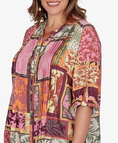 Ruby Rd. Plus Size Tropical Patchwork Voile Button Front Top In Multi