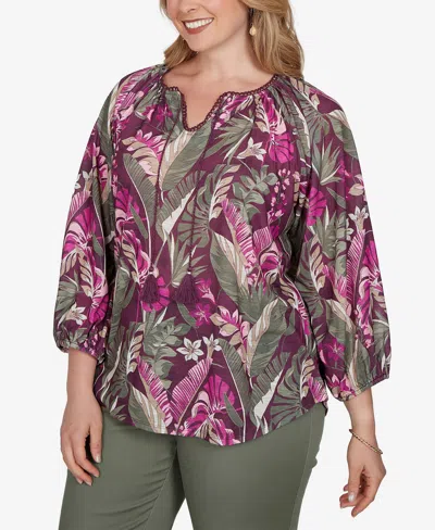 Ruby Rd. Plus Size Tropical Print Knit Tassel Top In Multi