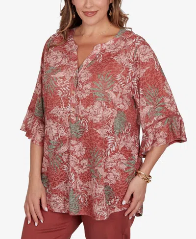 Ruby Rd. Plus Size Tropical Floral Burnout Split Neck Top In Brown
