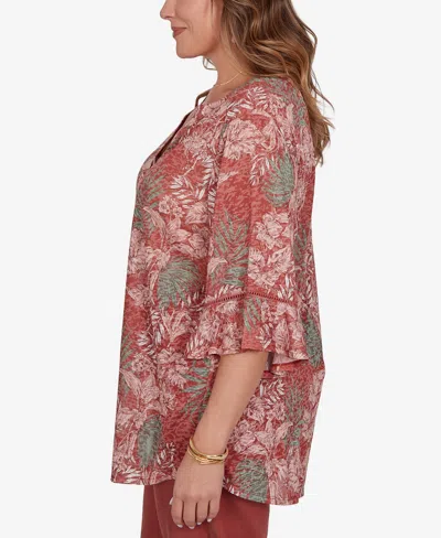 Ruby Rd. Plus Size Tropical Floral Burnout Split Neck Top In Brown