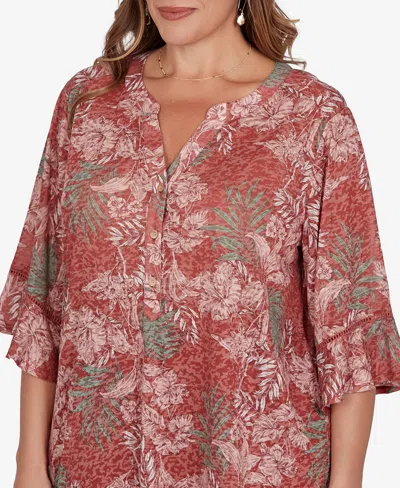 Ruby Rd. Plus Size Tropical Floral Burnout Split Neck Top In Brown