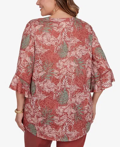 Ruby Rd. Plus Size Tropical Floral Burnout Split Neck Top In Brown