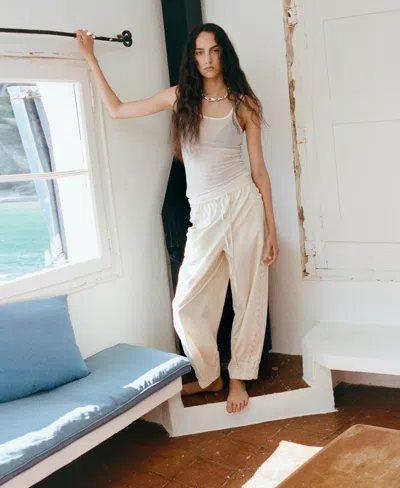 Mango Embroidered Side Stripe Cotton Drawstring Pants In Neutral