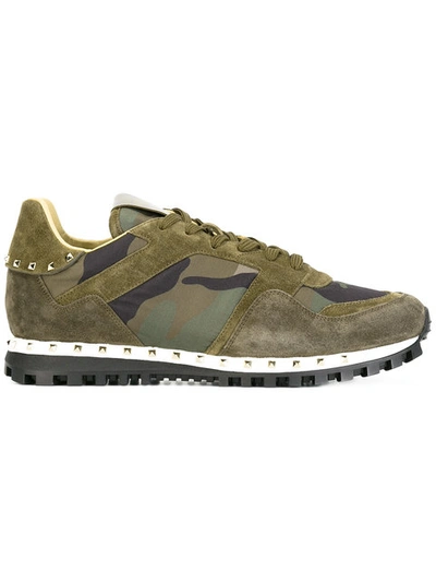 Valentino Garavani Rockstud Studded Camouflage Suede Trainers In Military Green