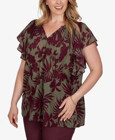 Ruby Rd. Plus Size Tropical Print Gauze Flutter-sleeve Top In Multi