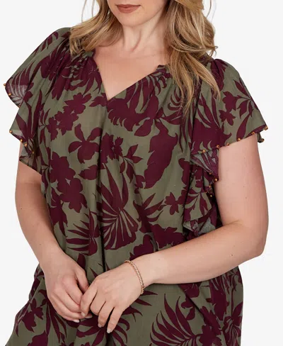 Ruby Rd. Plus Size Tropical Print Gauze Flutter-sleeve Top In Multi