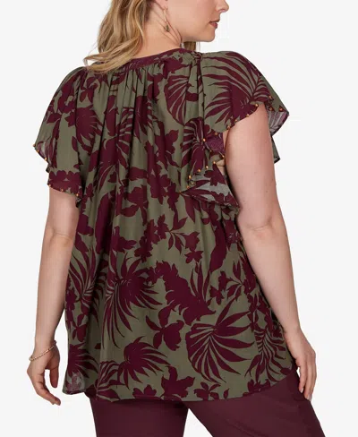 Ruby Rd. Plus Size Tropical Print Gauze Flutter-sleeve Top In Multi