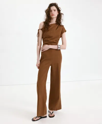 Mango Asymmetrical Lyocell-linen Jumpsuit In Tobacco Brown