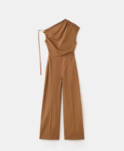 Mango Asymmetrical Lyocell-linen Jumpsuit In Tobacco Brown