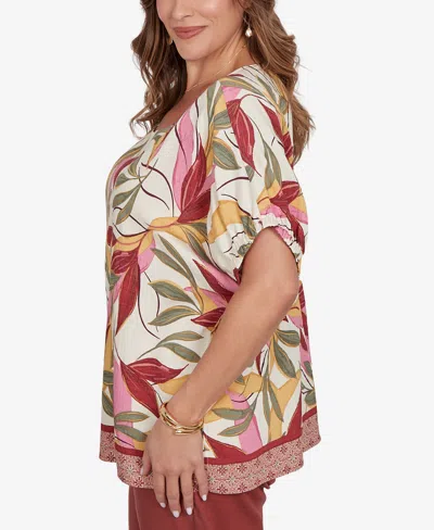 Ruby Rd. Plus Size Textured Leaf Print Short-sleeve Top In Multi