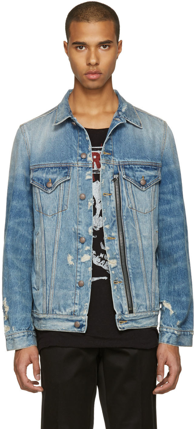 R13 Blue Denim Distressed Zip Trucker Jacket | ModeSens