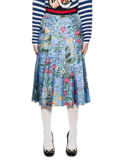 Shop Gucci Celestial New Flora Silk Skirt In Blue