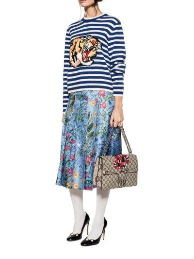 Shop Gucci Celestial New Flora Silk Skirt In Blue