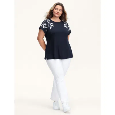 Bloomchic Leaf Embroidery Round Neck Split T-shirt In Blue