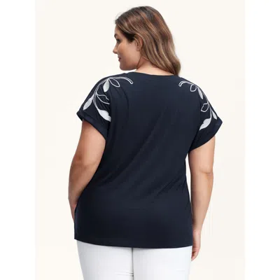 Bloomchic Leaf Embroidery Round Neck Split T-shirt In Blue