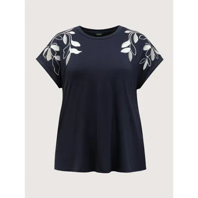 Bloomchic Leaf Embroidery Round Neck Split T-shirt In Blue
