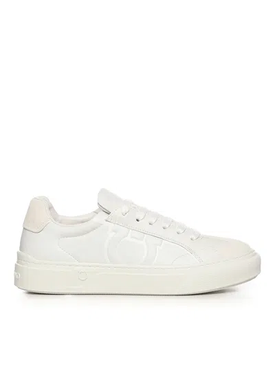 Ferragamo White Calf Leather Bos Taurus Sneakers In Gray