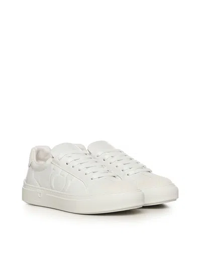 Ferragamo White Calf Leather Bos Taurus Sneakers In Gray