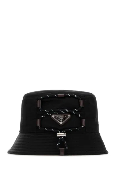 Prada Triangle Logo Drawstring Bucket Hat In Black