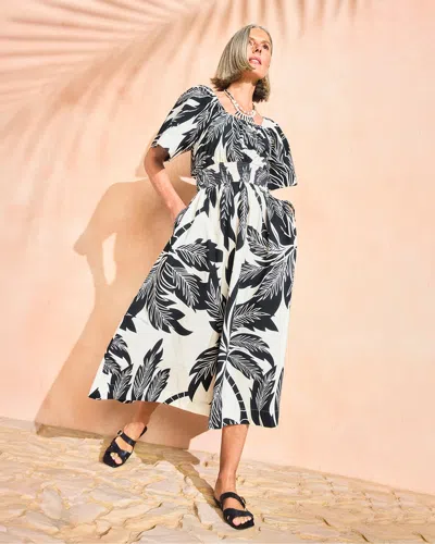 Chico's Poplin Cotton Palm Off-shoulder Dress In Black In Multi