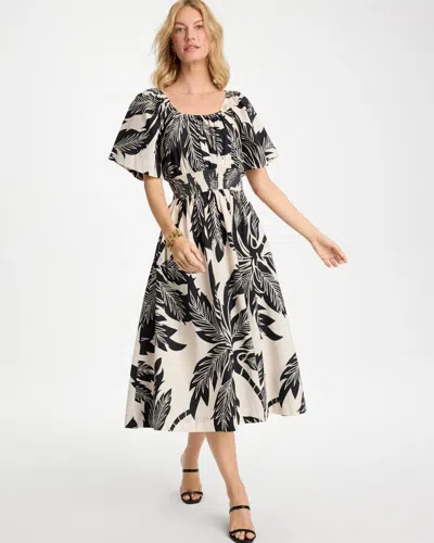 Chico's Poplin Cotton Palm Off-shoulder Dress In Black In Multi