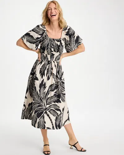 Chico's Poplin Cotton Palm Off-shoulder Dress In Black In Multi