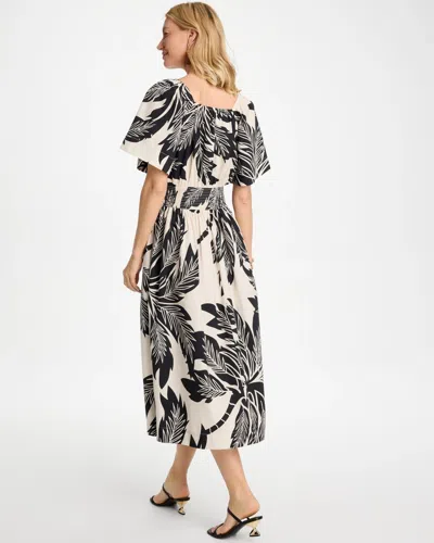 Chico's Poplin Cotton Palm Off-shoulder Dress In Black In Multi