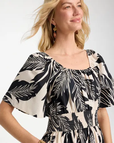 Chico's Poplin Cotton Palm Off-shoulder Dress In Black In Multi