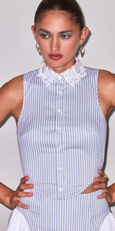 Fleur Du Mal Embroidered-collar Striped Bib Top In Blue