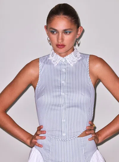 Fleur Du Mal Embroidered-collar Striped Bib Top In Blue