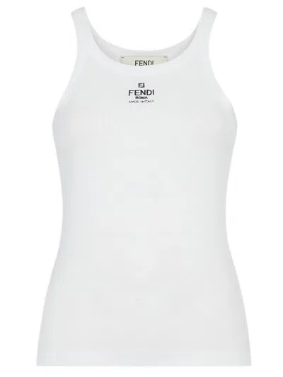Fendi Women White Ribbed Tank Top With Contrasting Logo Embroidery In Stretch Cotton Woman