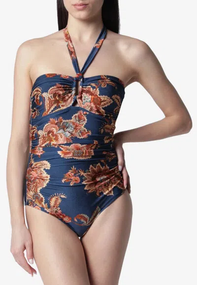 Zimmermann Aster Printed Halterneck Stretch-polyamide Swimsuit In Multi