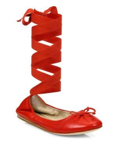 Shop Saks Fifth Avenue Leather Ankle-wrap Ballet Flats In Red