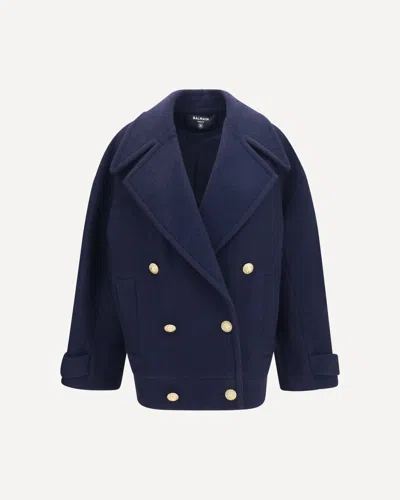 Balmain Double-breasted Wool Coat With Buttons In Blue