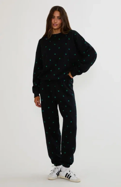 Beach Riot Devyn Embroidered Clovers Oversized Sweatshirt In Black