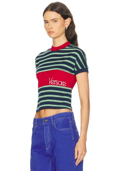 Versace Logo-embroidered Striped Cotton-jersey T-shirt In Black