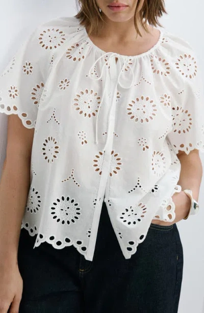 Mango Openwork Embroidered Cotton Button-up Top In White