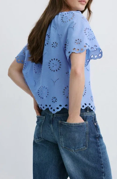 Mango Openwork Embroidered Cotton Button-up Top In Blue