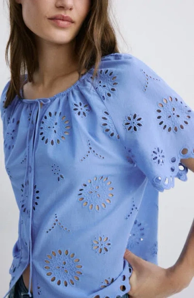 Mango Openwork Embroidered Cotton Button-up Top In Blue