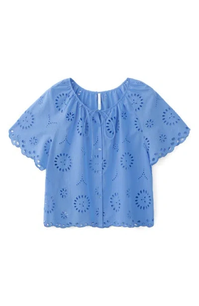 Mango Openwork Embroidered Cotton Button-up Top In Blue