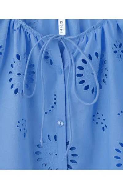 Mango Openwork Embroidered Cotton Button-up Top In Blue
