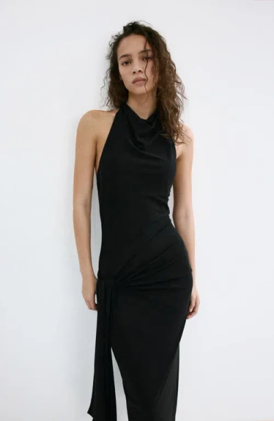 Mango Side Drape Halter Maxi Dress In Black