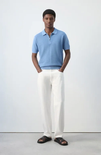 Mango Solid Cotton Waffle Zip Polo Sweater In Blue