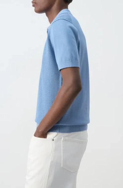 Mango Solid Cotton Waffle Zip Polo Sweater In Blue