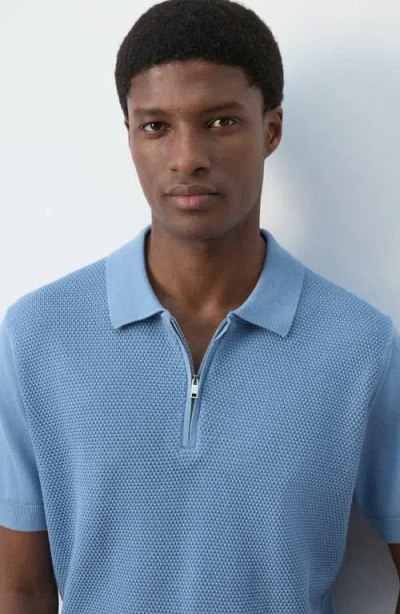 Mango Solid Cotton Waffle Zip Polo Sweater In Blue