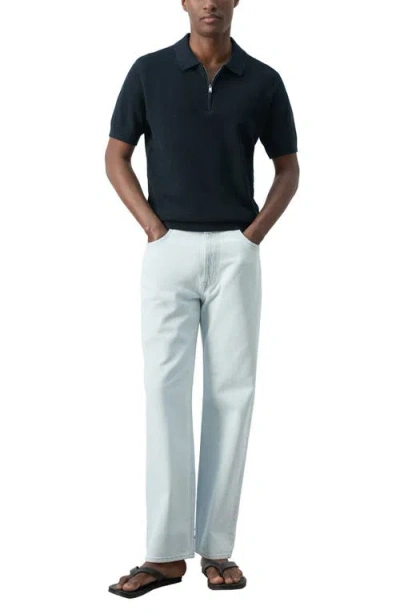 Mango Solid Cotton Waffle Zip Polo Sweater In Blue