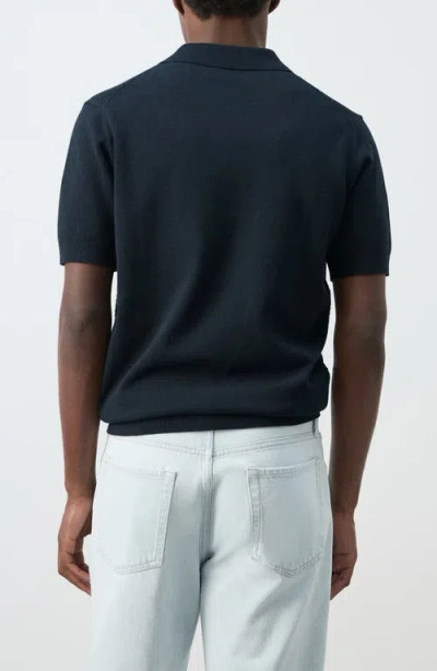 Mango Solid Cotton Waffle Zip Polo Sweater In Blue