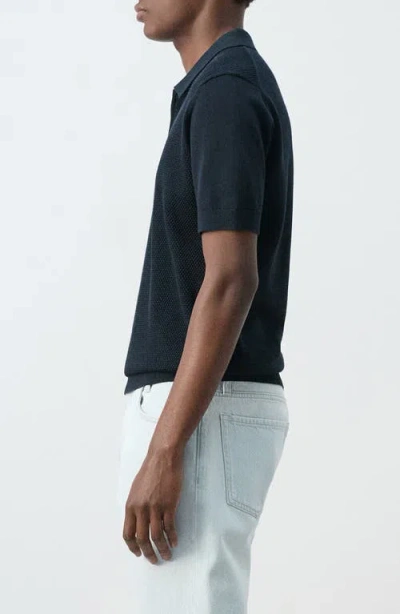 Mango Solid Cotton Waffle Zip Polo Sweater In Blue